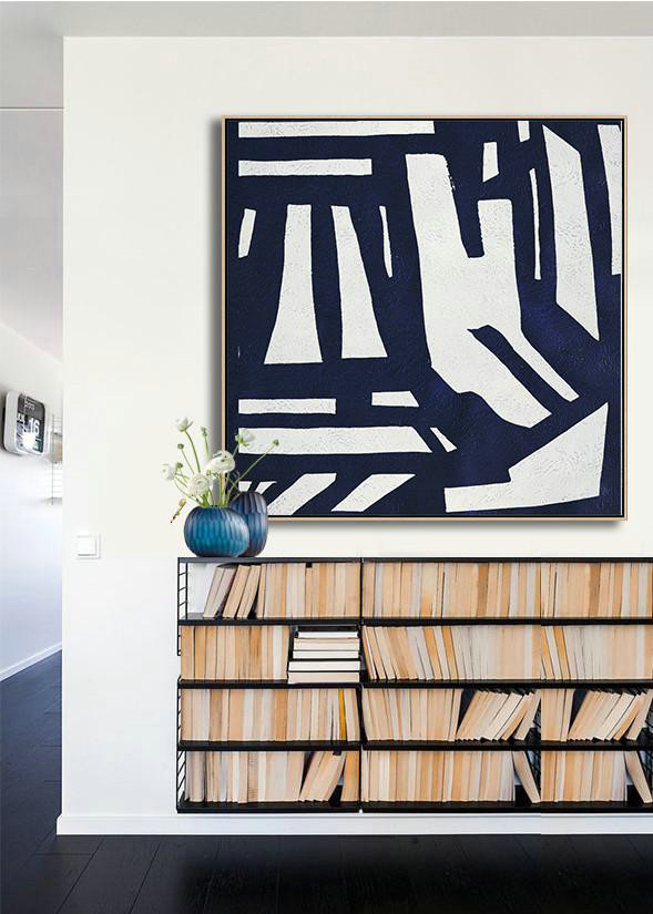 Extra Large Canvas Art,Hand Painted Navy Minimalist Painting On Canvas,Modern Wall Decor
